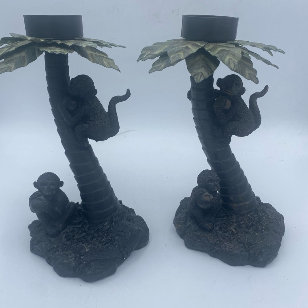 Pair Of Tea Light Votive Candle Holders Monkeys Gathering Coconuts In Tree Resin